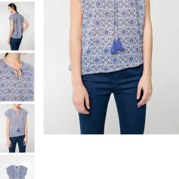 Mango Azulejos Blue Tile Print Short Sleeve Summer Top Tie Front Tassels 10 - Picture 2 of 6